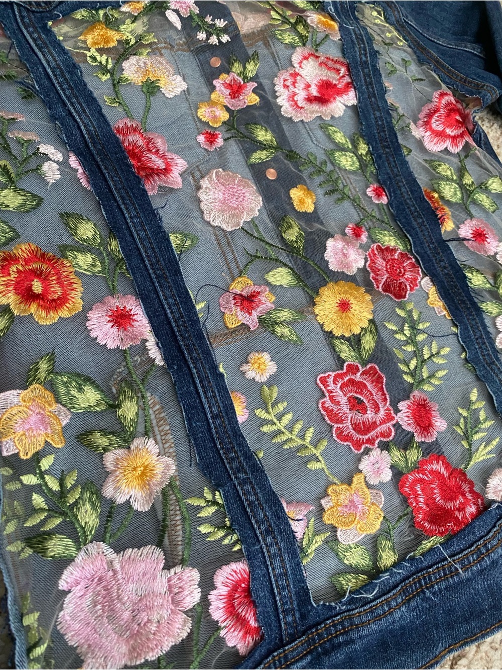 ✨ UPCYCLED Embroidered Floral Sheer Back Denim Jacket - Mesh Panels - Picture 8 of 10